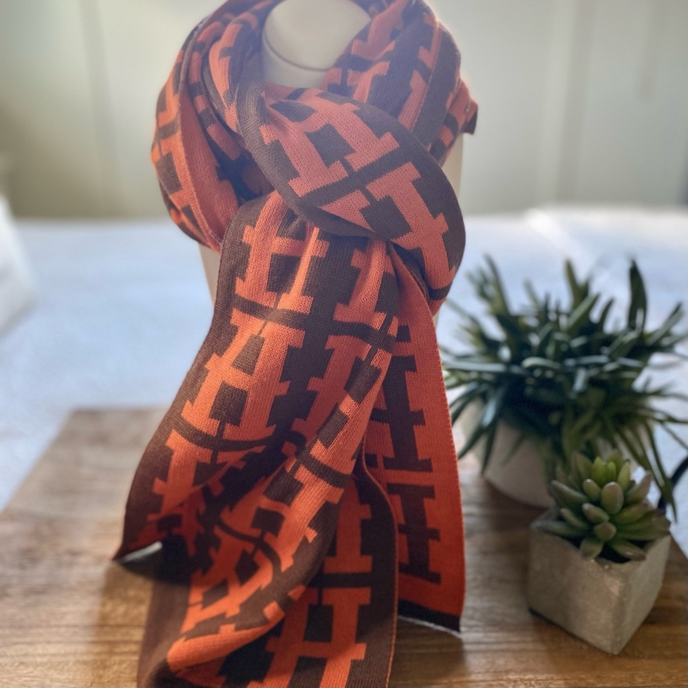 Reversible Orange & Brown Patterned Scarf